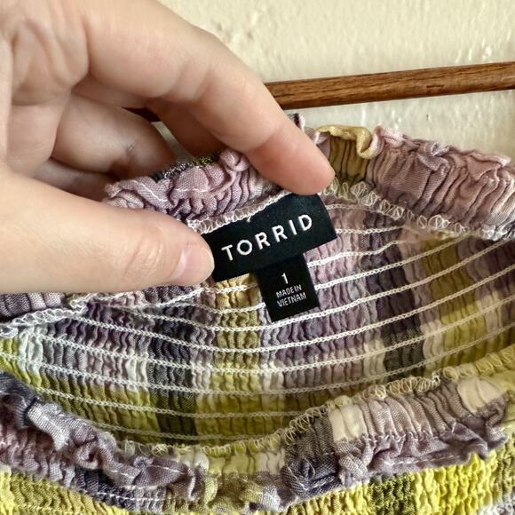 Torrid Size 1 Peplum Gauze Smocked Off-Shoulder Top - Purple Yellow Plaid - Picture 4 of 9